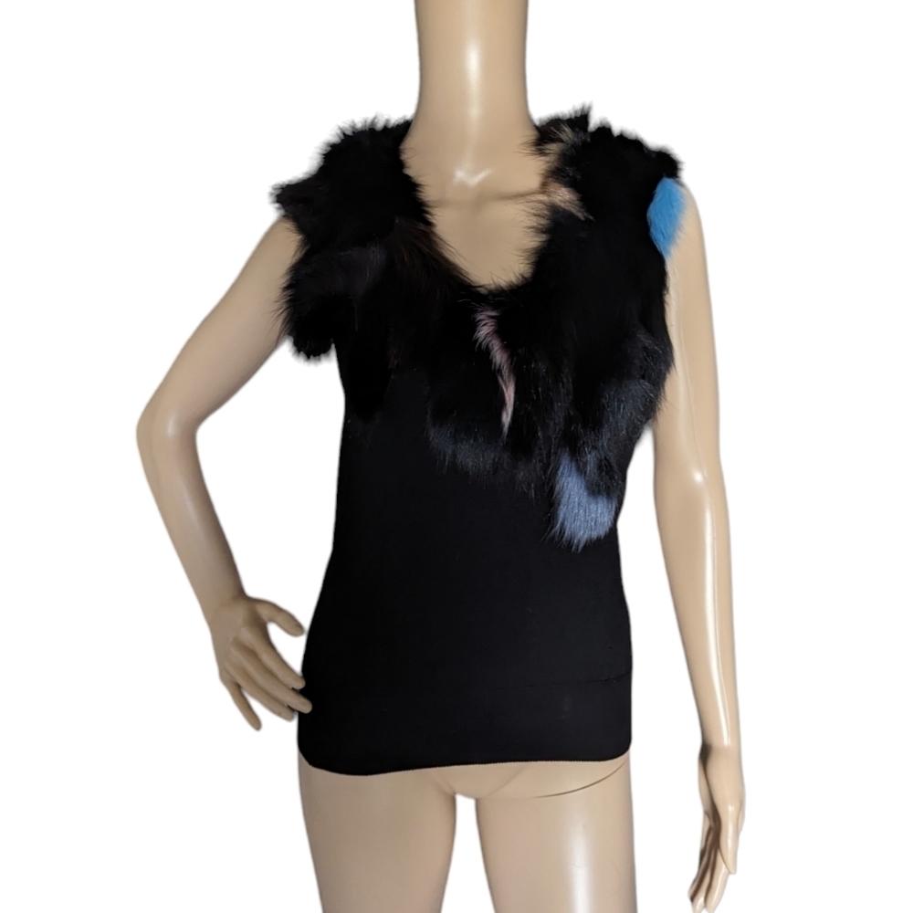 Vintage 80s Paolo Santini Silk & Dyed Fox Collar Sleeveless Sweater Size L